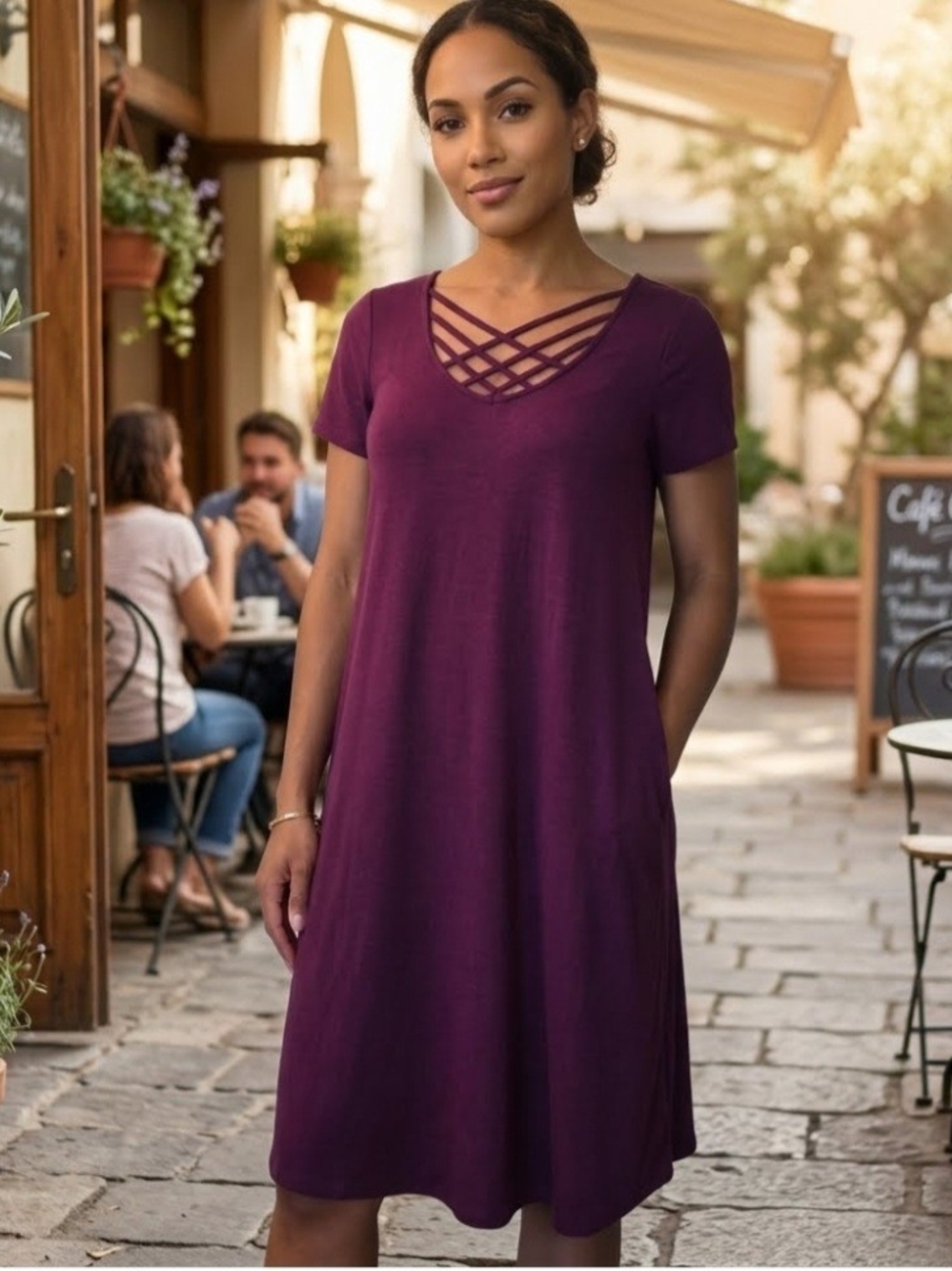 Zenana Outfitters Purple Crisscross Short Sleeve Mini Dress